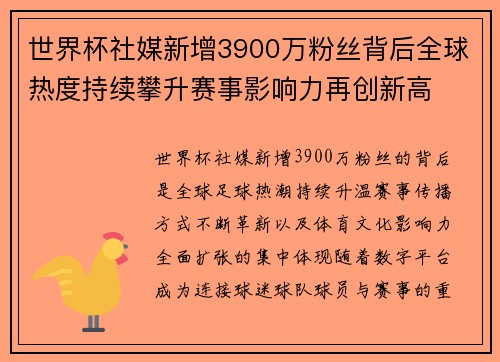 世界杯社媒新增3900万粉丝背后全球热度持续攀升赛事影响力再创新高